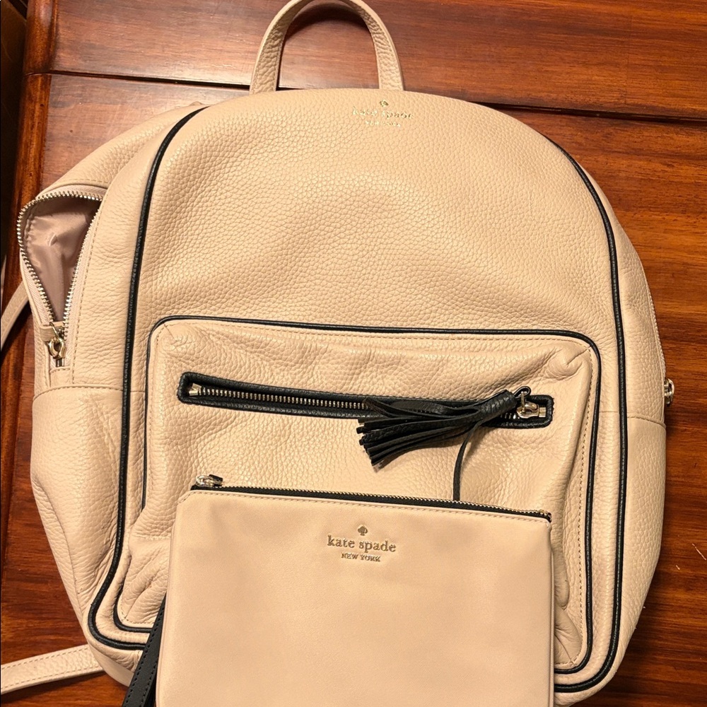 Kate Spade Beige Leather Backpack with Black Accents and Matching Nylon Pouch